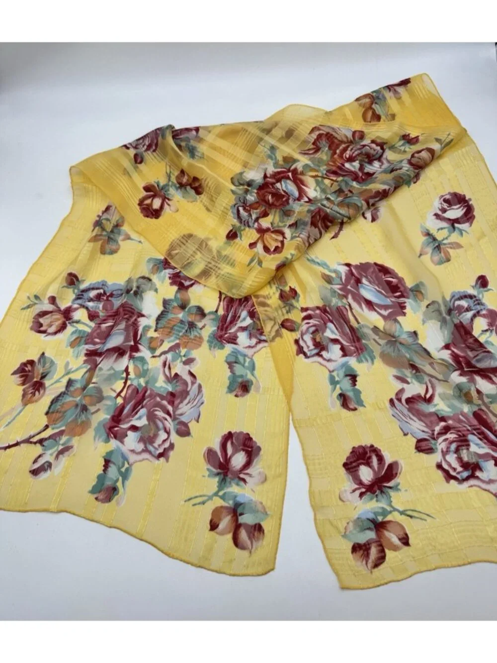 VTG Ralph Lauren Silk Chiffon Scarf Cabbage Roses, Stripes Cottagecore 15